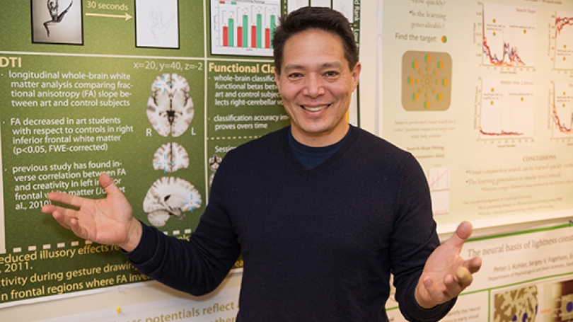 Professor Peter Ulric Tse ’84 argues in his new book that free will is real and can be pinpointed in the microscopic workings of human brain cells. (Photo by Eli Burakian)